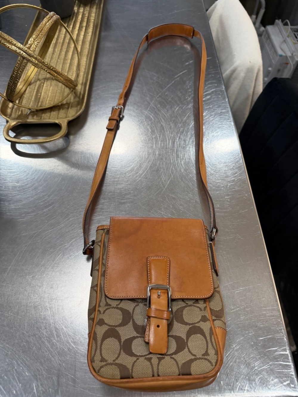 Coach Brown Signature Canvas Crossbody with Orange Accent
